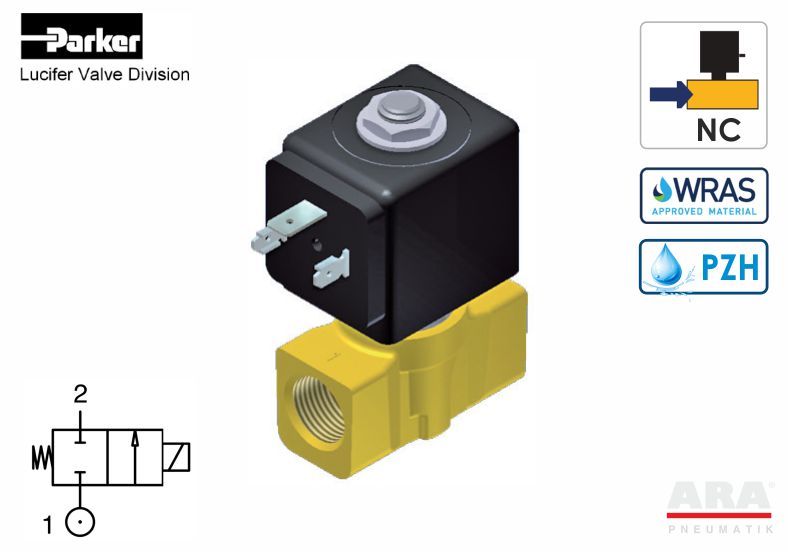 Elektrozawór do wody użytkowej z atestem PZH WRAS Parker Lucifer 121K -- 3/8